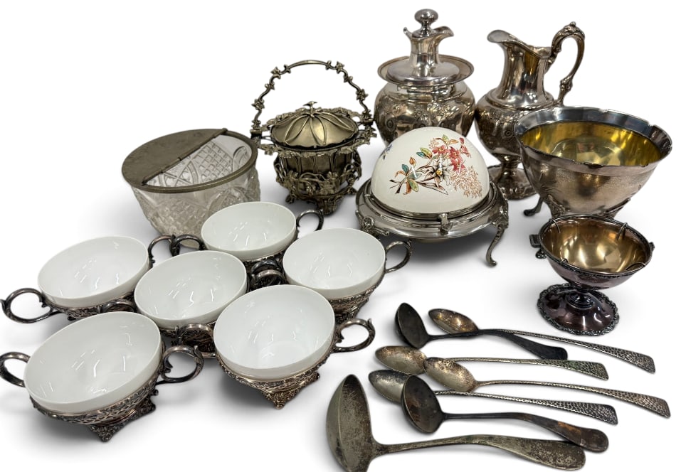 Silver plated pitcher, bowls, cups etc. (1 of 6)