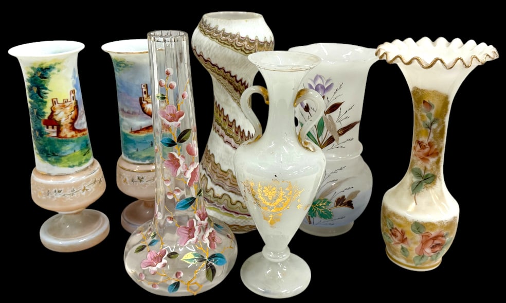 7 Art Glass Vases: 7 Art Glass Vases. Some hand painted. Tallest approx. 12 inches.