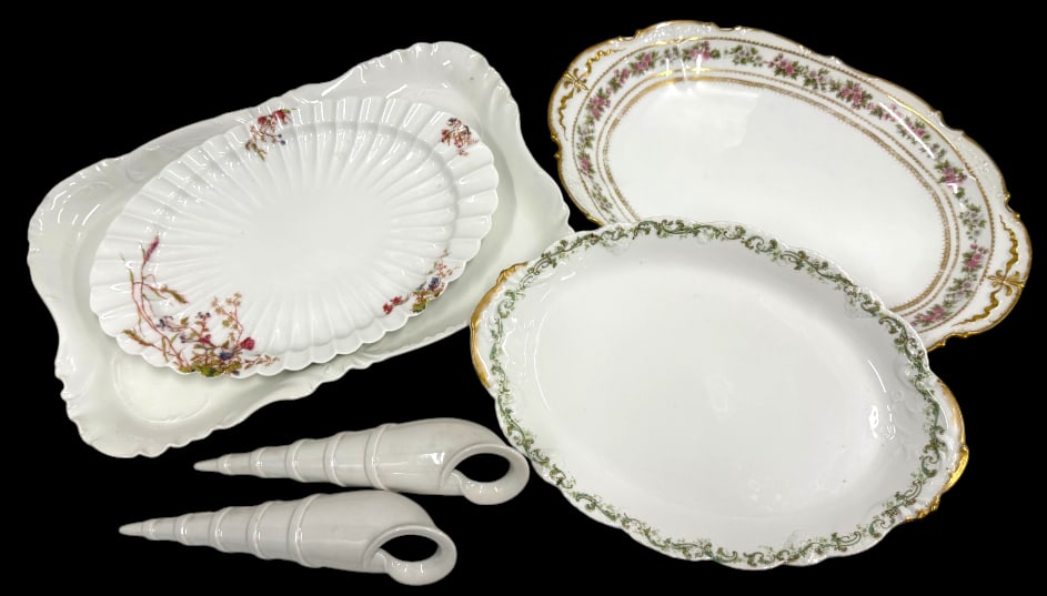 Limoge platters and shell vases: Limoge platters and shell vases. 6 pieces. Shells are by Bernardaud & Co. approx. 10.5 inches long.