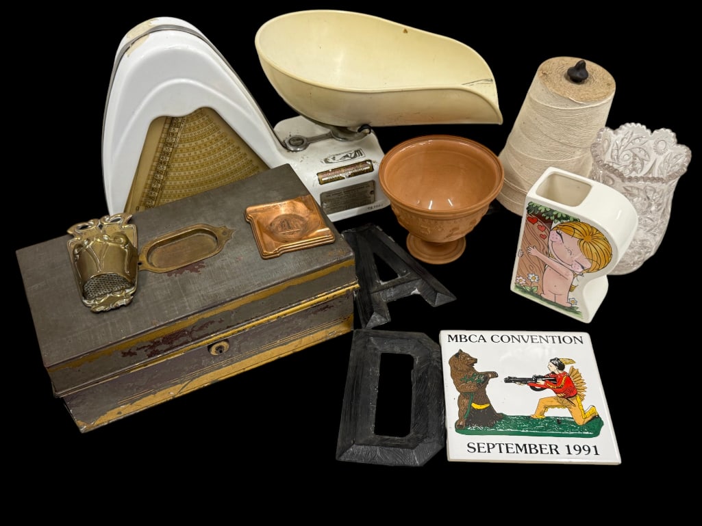 General Supply Co scale and more: General Supply Co scale, metal box, MBCA Convention tile and more. 11 pieces.