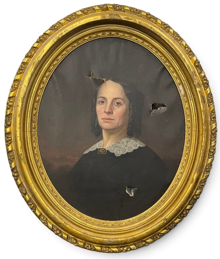 Antique portrait of a woman in ornate gold gilt frame: Antique portrait of a woman in ornate gold gilt frame. Approx. 26 x 22 inches. Frame approx. 36 x 31 inches.