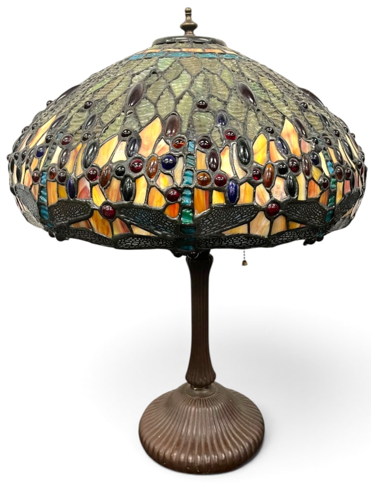 Leaded Glass Lamp with Dragonflies and Jewels: Leaded Glass Lamp with Dragonflies and Jewels. Approx. 24 x 16 x 16 inches.