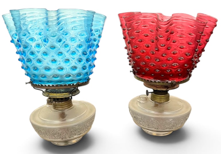 2 Antique oil lamps with ruffled hobnail shades: 2 Antique oil lamps with ruffled hobnail shades. Approx. 12 x 9 x 9 inches.