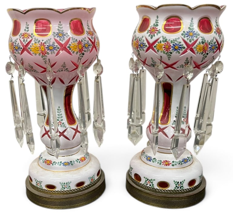 Bohemian Milk Glass cut to Cranberry Lusters: 2 Bohemian Milk Glass cut to Cranberry Lusters. Approx. 13.5 x 6 x 6 inches.