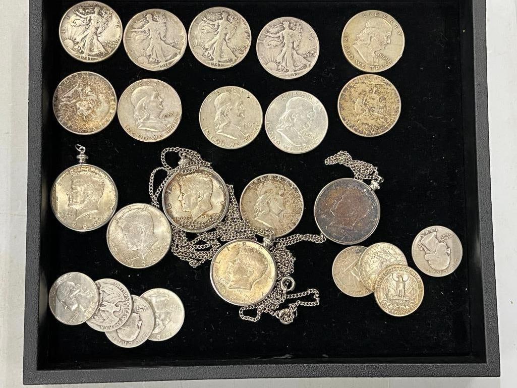 U.S. Silver Half Dollars and Quarters: U.S. Silver Half Dollars and Quarters. Some in bezels. 24 pieces.