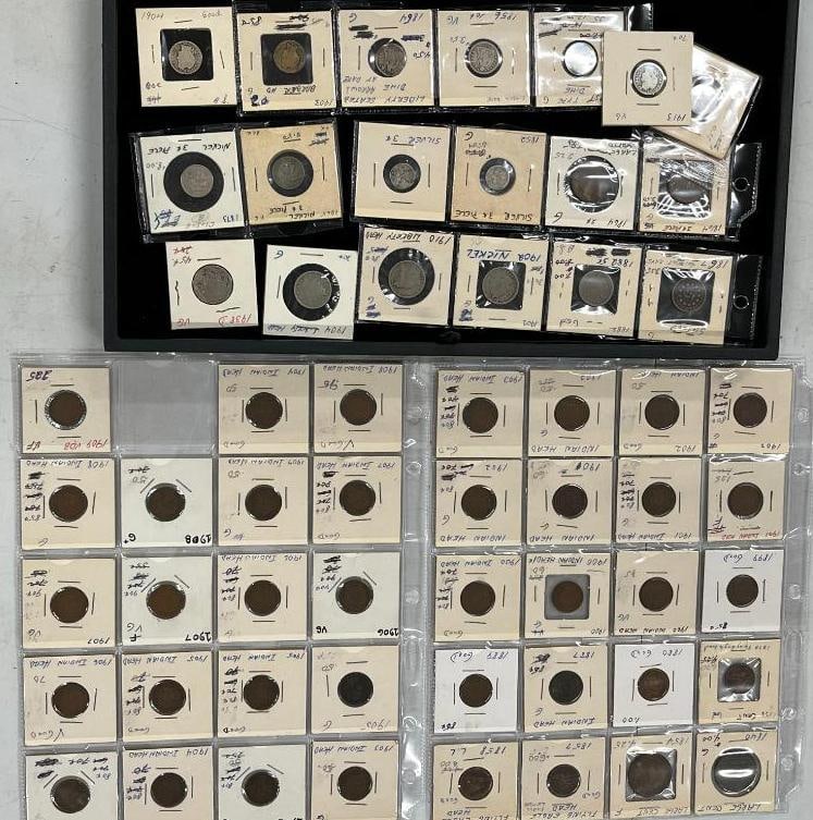 U.S. Indian Head cents, Silver 3 cents, dimes and more: U.S. Indian Head cents, Silver 3 cents, seated liberty dimes, 1835 Bust Dime, Large cents etc. Approx. 58 pieces.