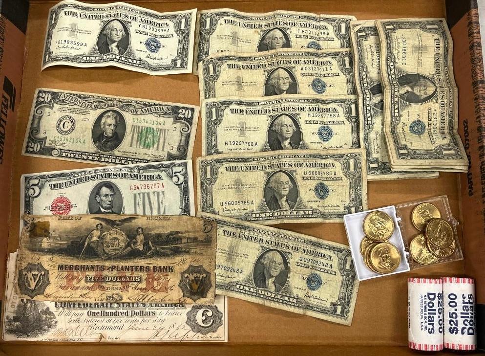 U.S. Presidential Dollars, paper currency and more: U.S. Presidential Dollars, paper currency Silver Certificates, Confederate 100 and more.Over $90 face value.