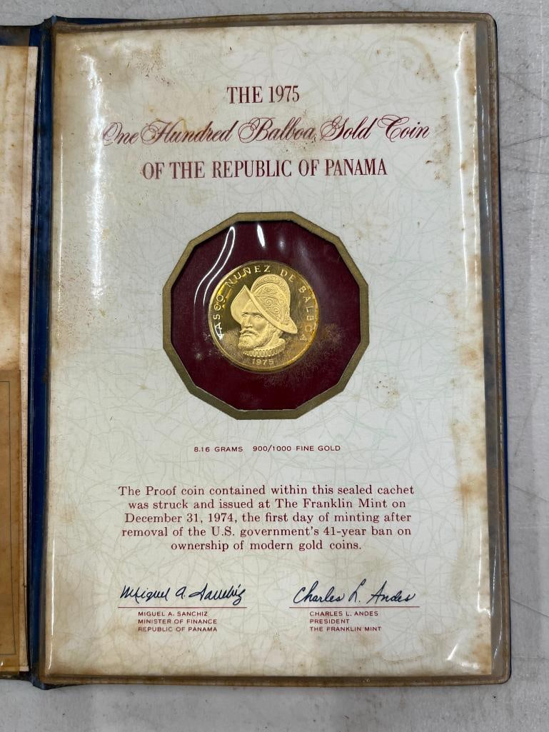 1975 100 Balboa Gold Coin: 1975 100 Balboa Gold Coin of the Republic of Panama. Franklin Mint Insert states 8.16 grams of .900 gold. One of 47,679 proofs issued.