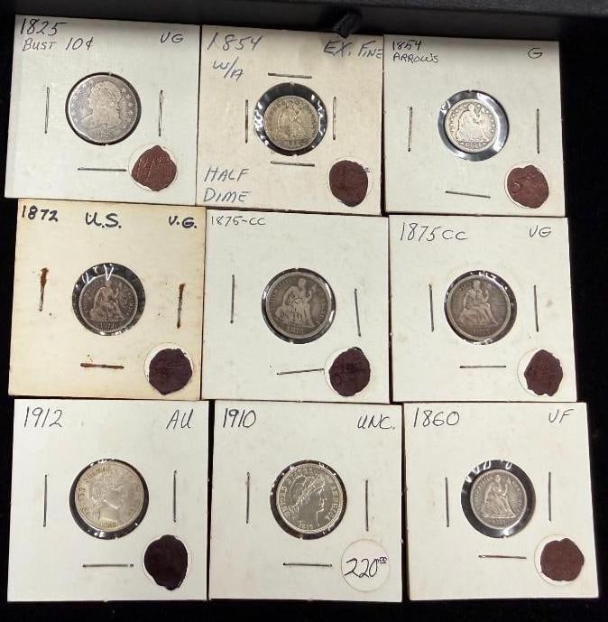 9 U.S. Silver Dimes: 9 U.S. Silver Dimes including 1825 Bust, Seated Liberty and Barber dimes.
