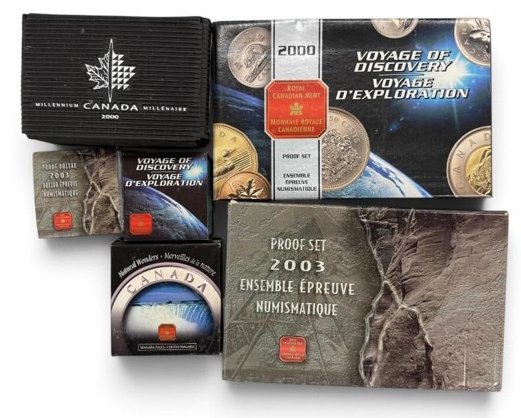 Canada Proof Sets and more: Canada Proof Sets and more. 6 pieces. Includes $20 Dollar Silver Niagara Falls coin, Millenium $2 proof, 2000 Voyage of Discovery and 2003 proof set, etc.