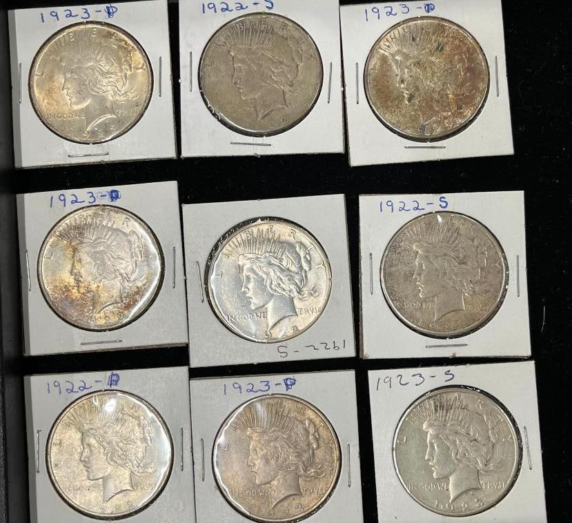 9 U.S. Silver Peace Dollars: 9 U.S. Silver Peace Dollars.