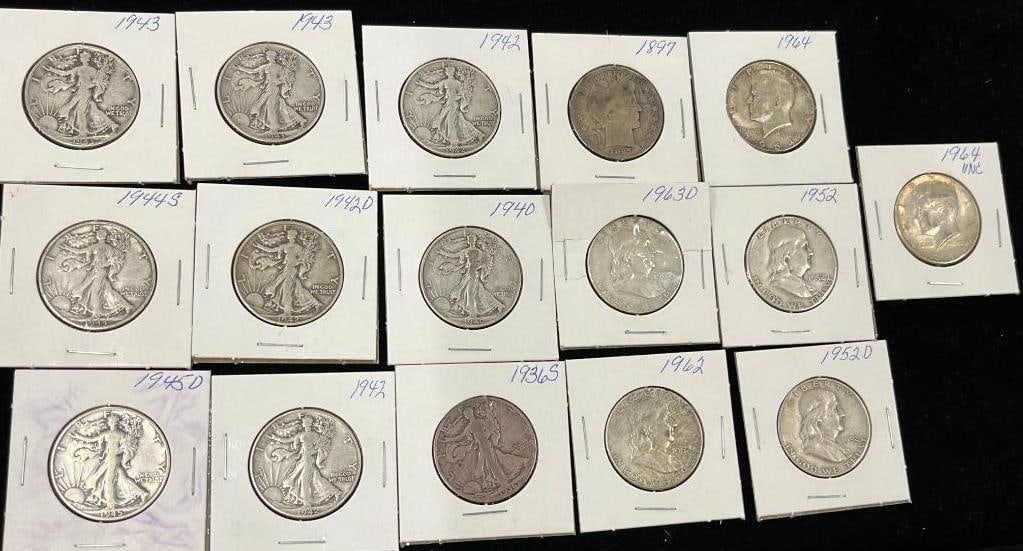 16 U.S. Silver Half Dollars: 16 U.S. Silver Half Dollars. Barber, Walking Liberty, Franklin and Kennedy halves.