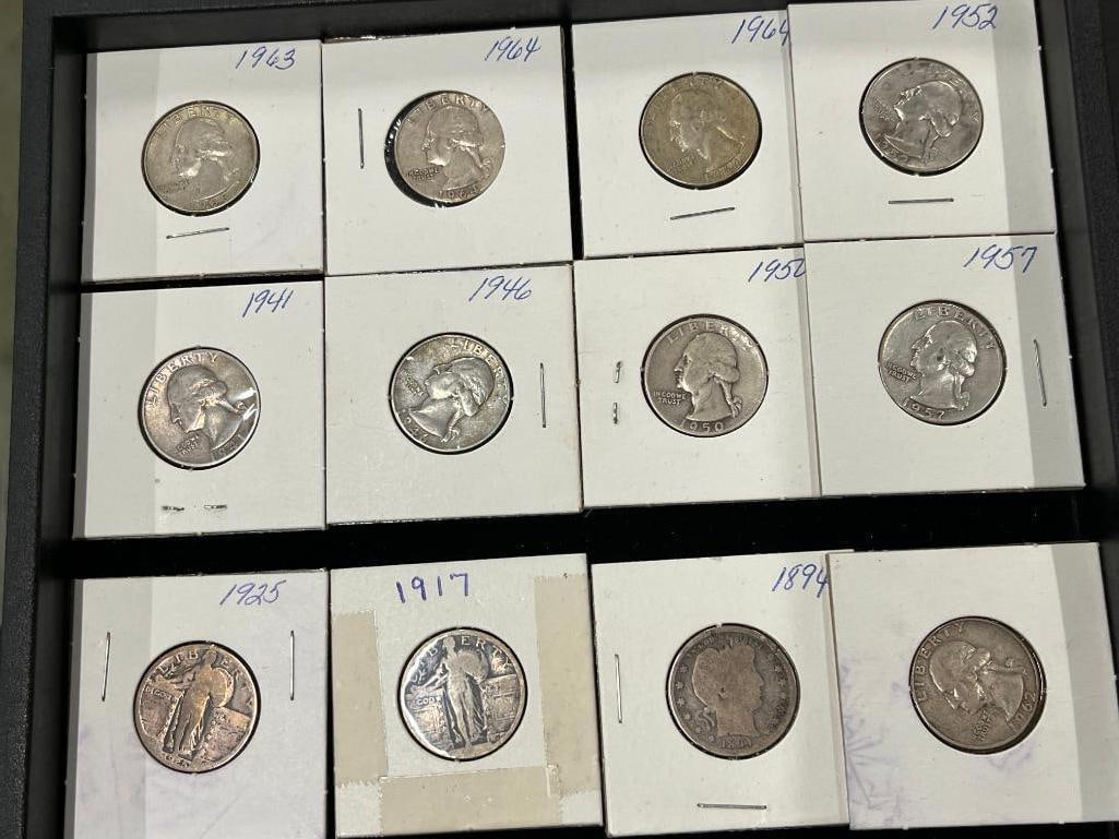 12 U.S. Silver Quarters: 12 U.S. Silver Quarters. Washington, Standing Liberty and Barber.