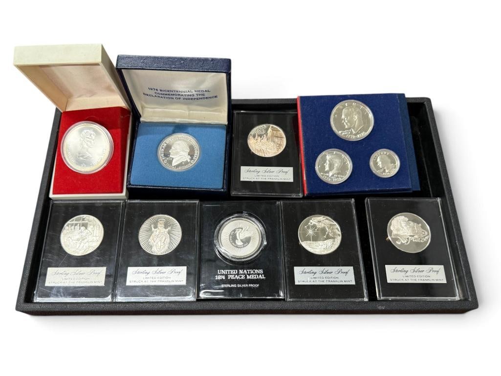 Franklin Mint Sterling Silver Proof coins and more: 9 pieces including Franklin Mint Sterling Silver Proof coins, Canada Olympic coin, Bicentennial medal and 40% bicentennial set.
