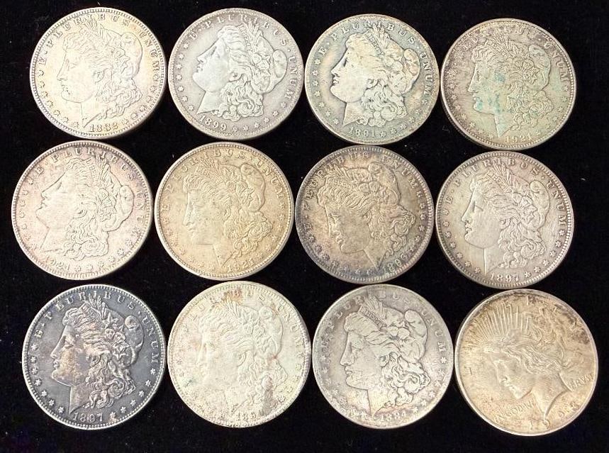 12 Morgan Silver Dollars: 12 Morgan Silver Dollars.