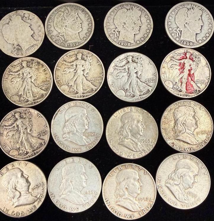 16 U.S. Silver Half Dollars: 16 U.S. Silver Half Dollars. Barber, Walking Liberty and Franklin halves.