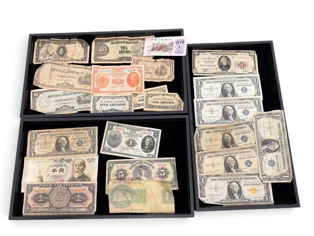 U.S. and Foreign paper currency: U.S. and Foreign paper currency. Approx. 23 pieces. Including 1929 $20 National Currency note from Philadelphia, Silver Certificates and more.