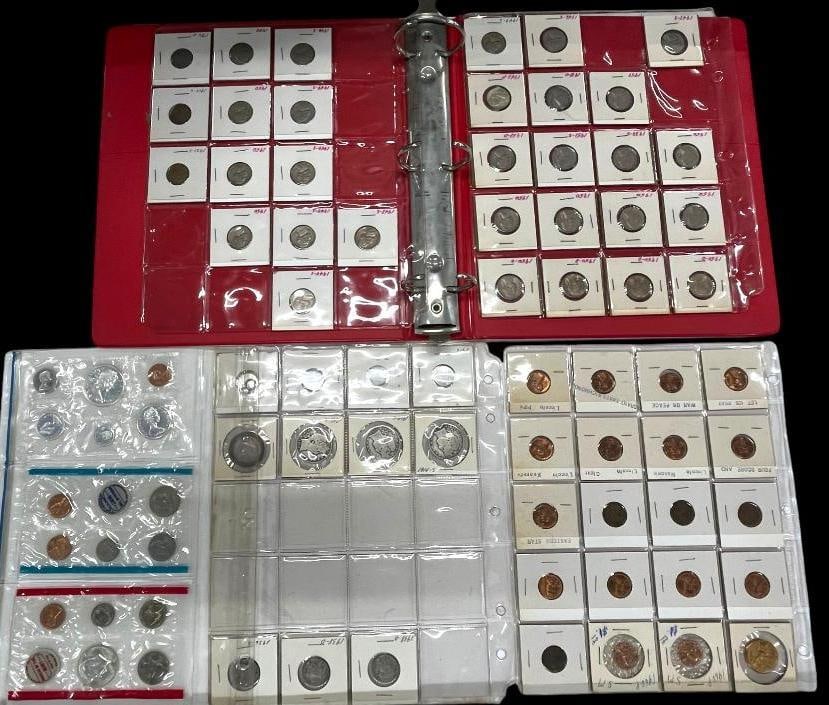 U.S. Mint sets, Lincoln "Marked" coins, Barber Halves etc.: U.S. Mint sets,Canada Silver set, Lincoln "Marked" coins including Masonic, War or Peace etc., Barber Halves nickels, seated liberty dimes and more. Approx. 65 pieces.