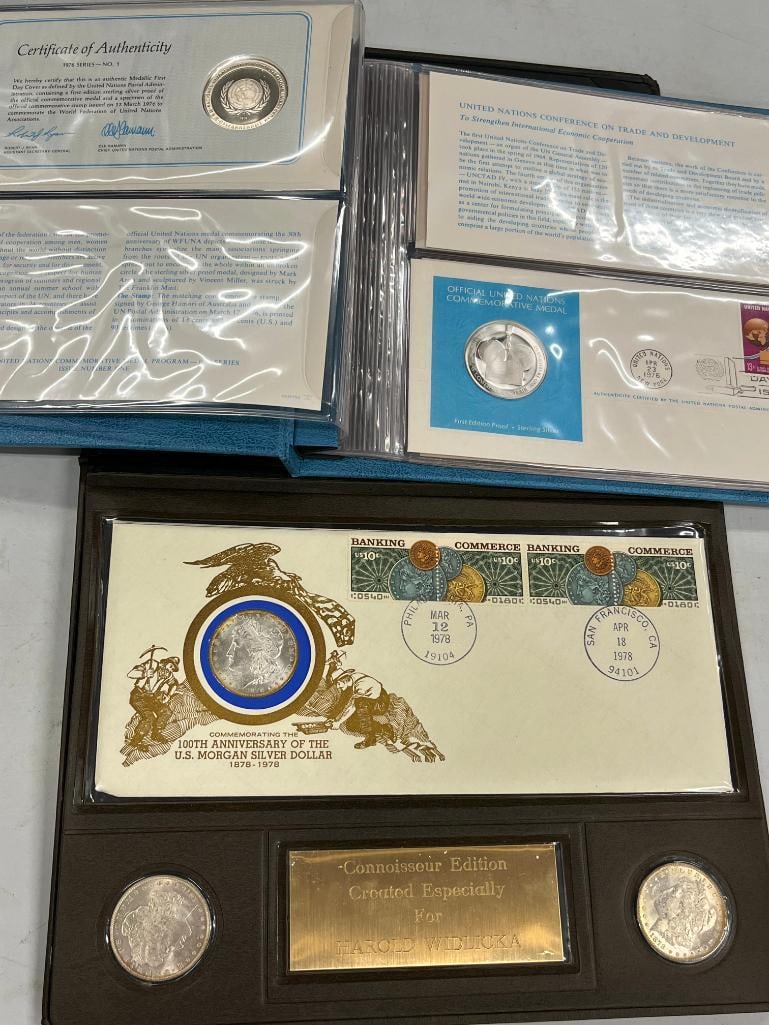 Morgan Silver Dollar Centennial Commemorative Cover set: Morgan Silver Dollar Centennial Commemorative Cover set and United Nations Sterling Silver first day covers.