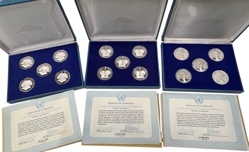 United Nations Five Language Sterling Silver Proof Sets: United Nations Five Language Sterling Silver Proof Sets. Series 1, 2 and 3.