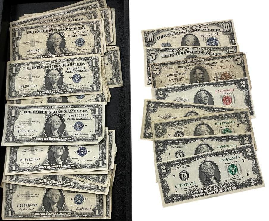 U.S. Paper Currency Notes: U.S. Paper Currency Notes. Including 1929 Kansas 5 dollar note, silver certificates, etc. Approx. $65 face value.