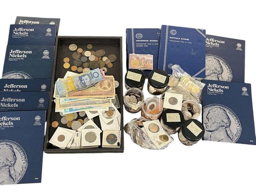 Jefferson Nickels, Foreign Coins and Paper Currency: Over $115 face value - NOT counting dimes, nickels and pennies - Jefferson Nickels, Foreign Coins and Paper Currency.