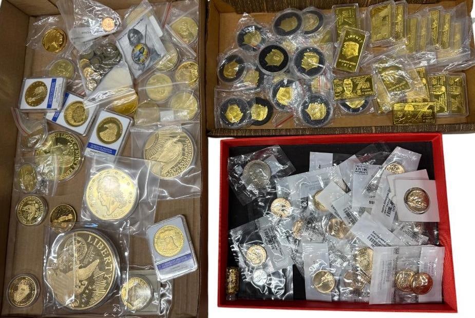 Group of U.S. dollar coins, Trump coins and more: Group of U.S. dollar coins, Trump coins and more.