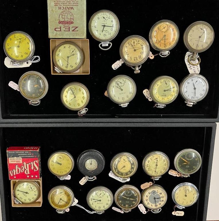 22 Pocket watches: 22 Pocket watches. Including Westclox, Ingrahm, Rob Roy, St. Regis, Zep, Uncle Sam, Bulls Eye, Beacon Dixie and more.