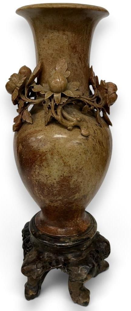 Chinese carved soapstone vase: Chinese carved soapstone vase. Approx. 18 x 6.5 x 6.5 inches.