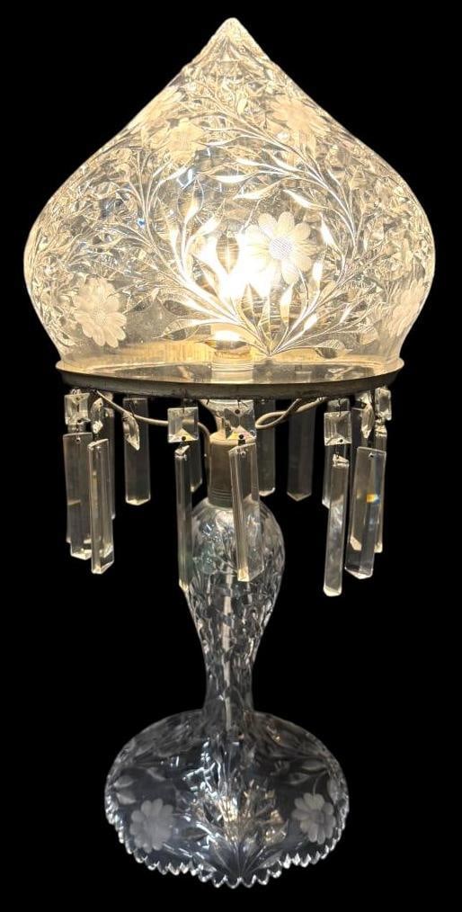 Cut Glass and Crystal Mushroom Lamp: Cut Glass and Crystal Mushroom Lamp. Approx. 24 x 12 x 12 inches.