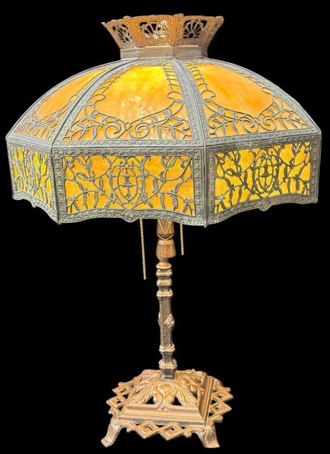 Slag Glass Lamp with metal overlay (1 of 7)