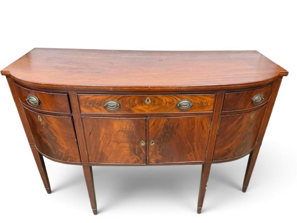 Hepplewhite Mahogany bow front Sideboard: Hepplewhite Mahogany bow front Sideboard. Approx. 60 x 39 x 24 inches.