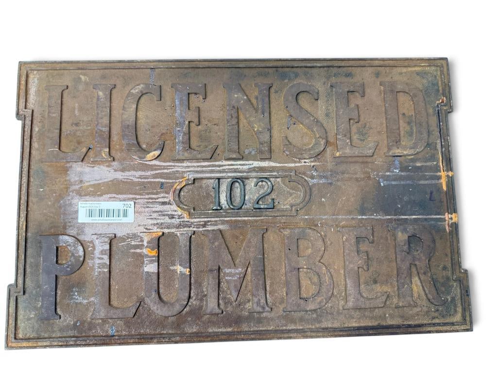 Cast Iron Licensed Plumber address sign: Cast Iron Licensed Plumber address sign. Approx. 22 x 14 inches.