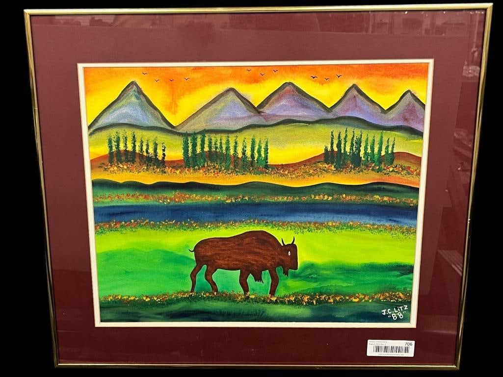 J.C. Litz "88" signed mixed media: J.C. Litz "88" signed mixed media. Approx. 17.5 x 14 inches. Frame approx. 24 x 20 inches.