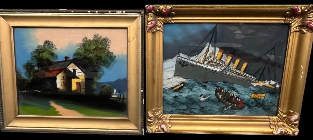 2 Reverse painted glass paintings: 2 Reverse painted glass paintings. One of the Titanic. Approx. 19 x 16 inches. Frame approx. 25 x 21 inches.