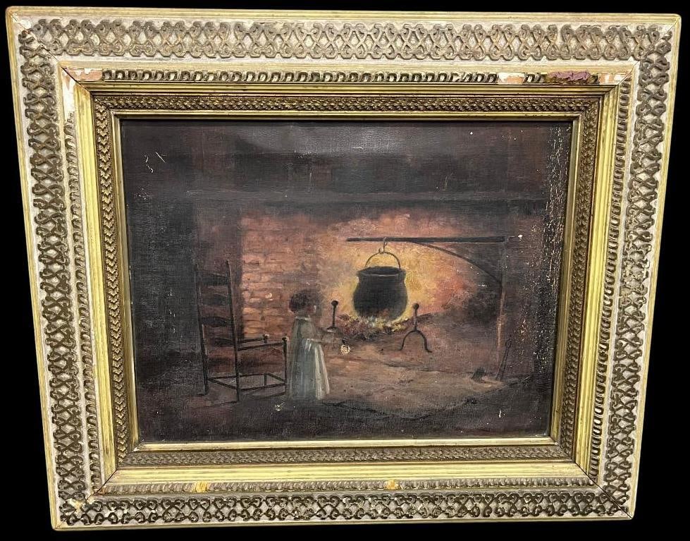 Child at Fireplace oil on canvas: Child at Fireplace oil on canvas. Approx. 016.5 x 13 inches. Frame approx. 24 x 20 inches.