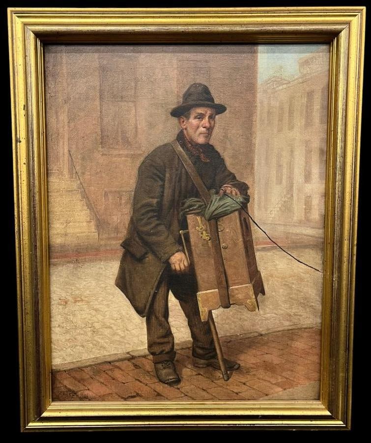 Beare 1902 signed oil on canvas: Beare 1902 signed oil on canvas of an Organ Grinder. Frame approx. 25.5 x 20.5 inches.