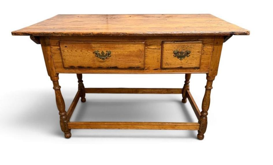 Antique Pine 2 drawer side table: Antique Pine 2 drawer side table. Approx. 30 x 48 x 29 inches.