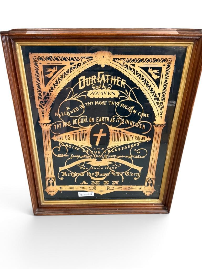 Folk Art wood cut out of The Lord's Prayer: Folk Art wood cut out of The Lord's Prayer. Done by Christy J. Pierce of Spencerport NY, c.1880. Frame approx. 30 x 24 inches.