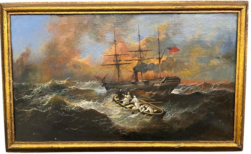 HBC signed oil on canvas: HBC signed oil on canvas. Approx. 23.5 x 13.5 inches. Frame approx. 26.5 x 14 inches.