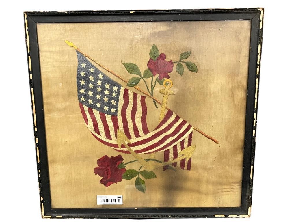 Antique Patriotic hand embroidered needlework: Antique Patriotic hand embroidered needlework. American Flag, anchor and roses. Frame approx. 21.5 x 20.5 inches.