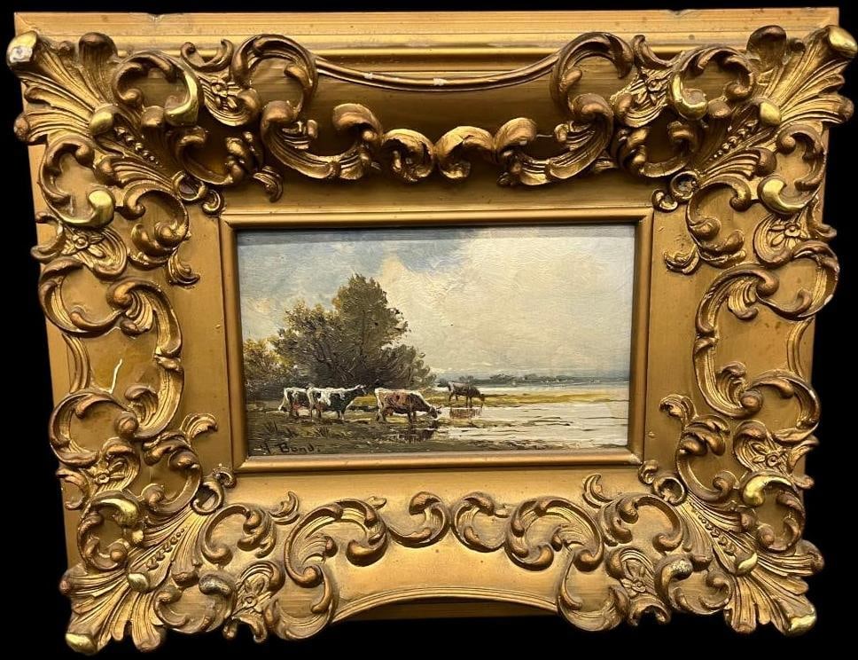 H. Bond signed oil on board of Cows: H. Bond signed oil on board of Cows. Approx. 7 x 4.5 inches. Frame approx. 14.5 x 12 inches.