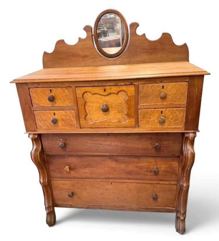 Pine chest of drawers: Pine chest of drawers with Birdseye Maple drawer fronts. Approx. 64 x 47 x 21 inches.