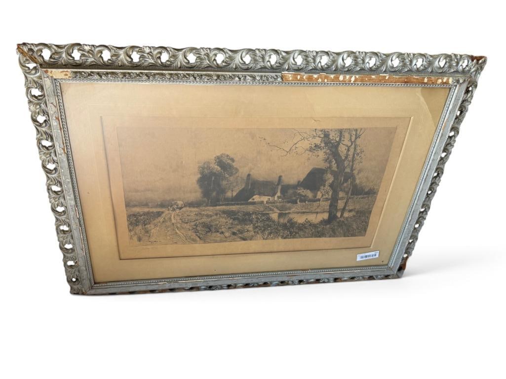 Julian Rix and William Lathrop signed etching: Julian Walbridge Rix and William Langson Lathrop signed etching. Approx. 26 x 15 inches. Frame approx. 40 x 28 inches.