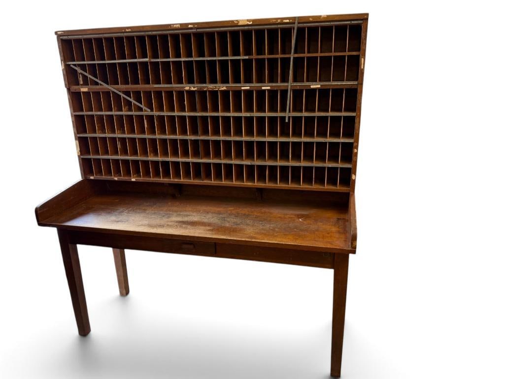 Oak Post Office mail sorting desk: Oak Post Office mail sorting desk. Approx. 76 x 70 x 27 inches.