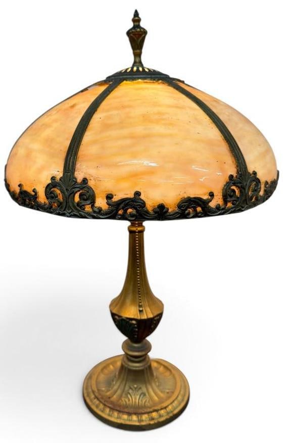 6 Panel Slag Glass Lamp: 6 Panel Slag Glass Lamp. Approx. 22 x 15 x 15 inches.