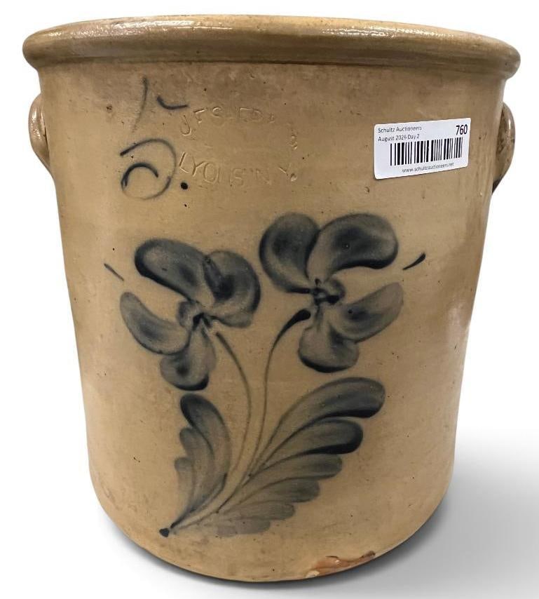 J. Fisher & Co. Stoneware crock: J. Fisher & Co. Lyons NY Stoneware crock with blue flowers. Approx. 12 x 13 x 13 inches.