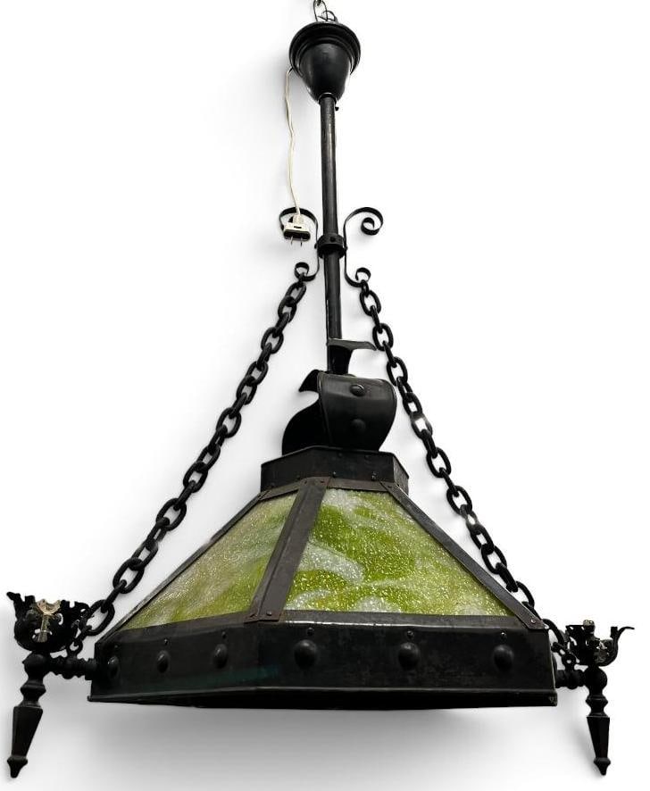 Mission Slag Glass hanging light: Mission / Arts & Crafts Slag Glass hanging light. Approx. 42 x 18 x 18 inches.
