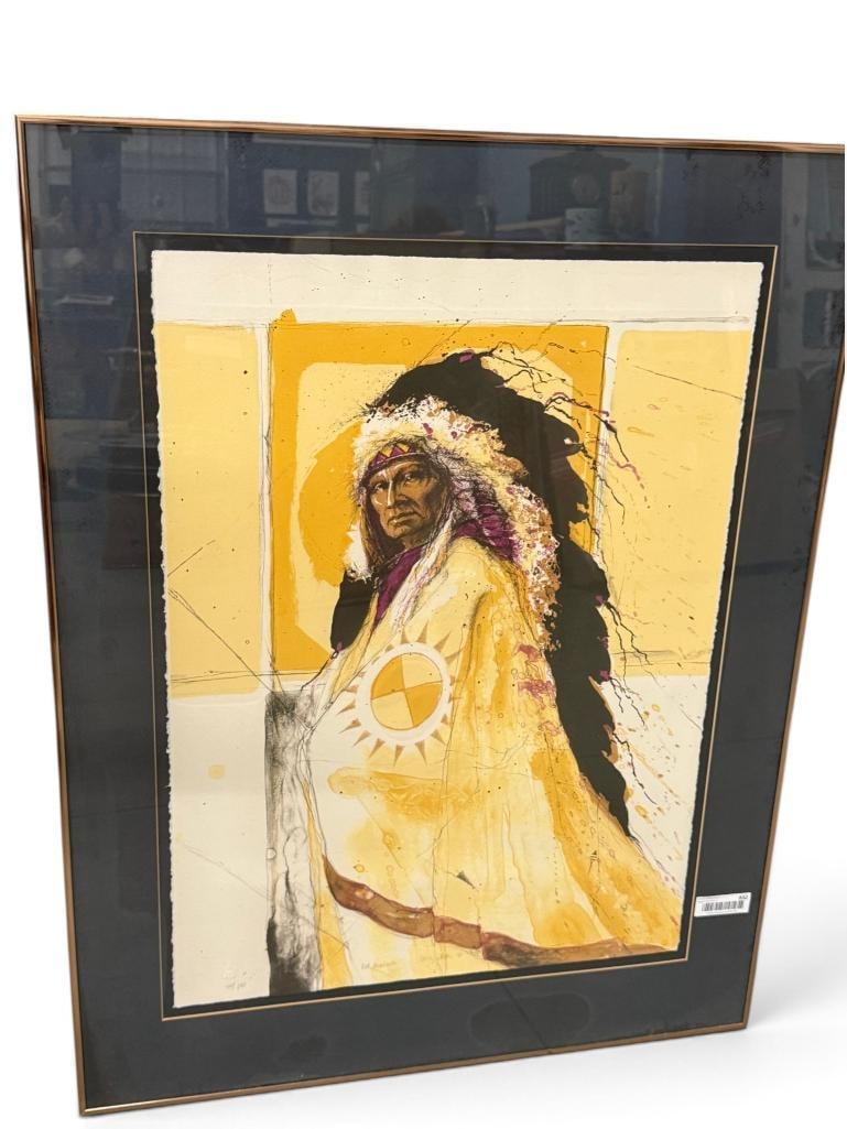 Larry Fodor print "Red Tomahawk": Larry Fodor signed and numbered 56/140 print "Red Tomahawk". Approx. 30 x 22 inches. Frame approx. 40 x 31 inches.