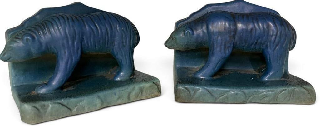 Van Briggle Art Pottery Polar Bear Bookends: Van Briggle Art Pottery Polar Bear Bookends. Approx. 6 x 4 x 3.5 inches.